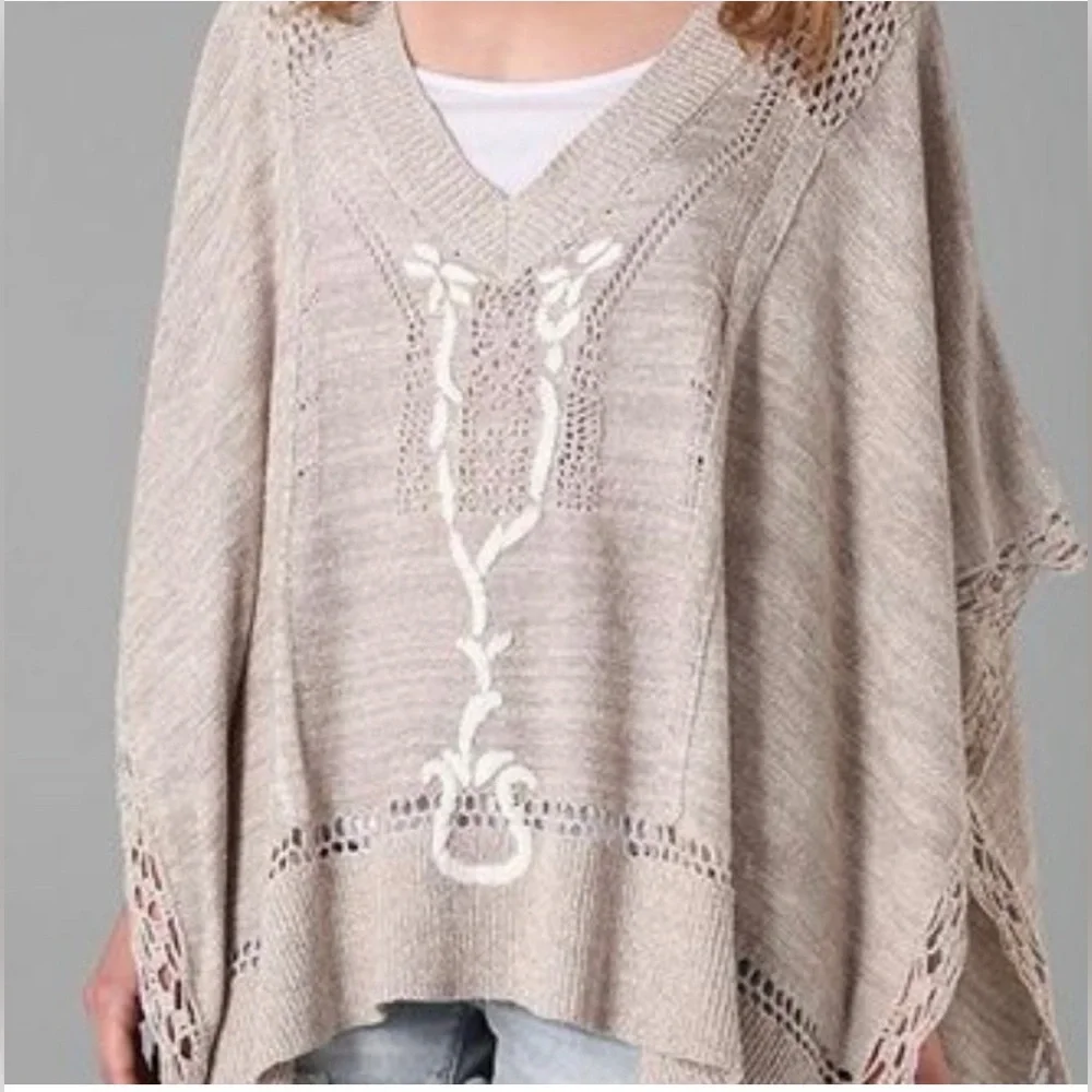 Vintage Free People Silk & Cotton Blend Oatmeal Poncho Cape Onesize